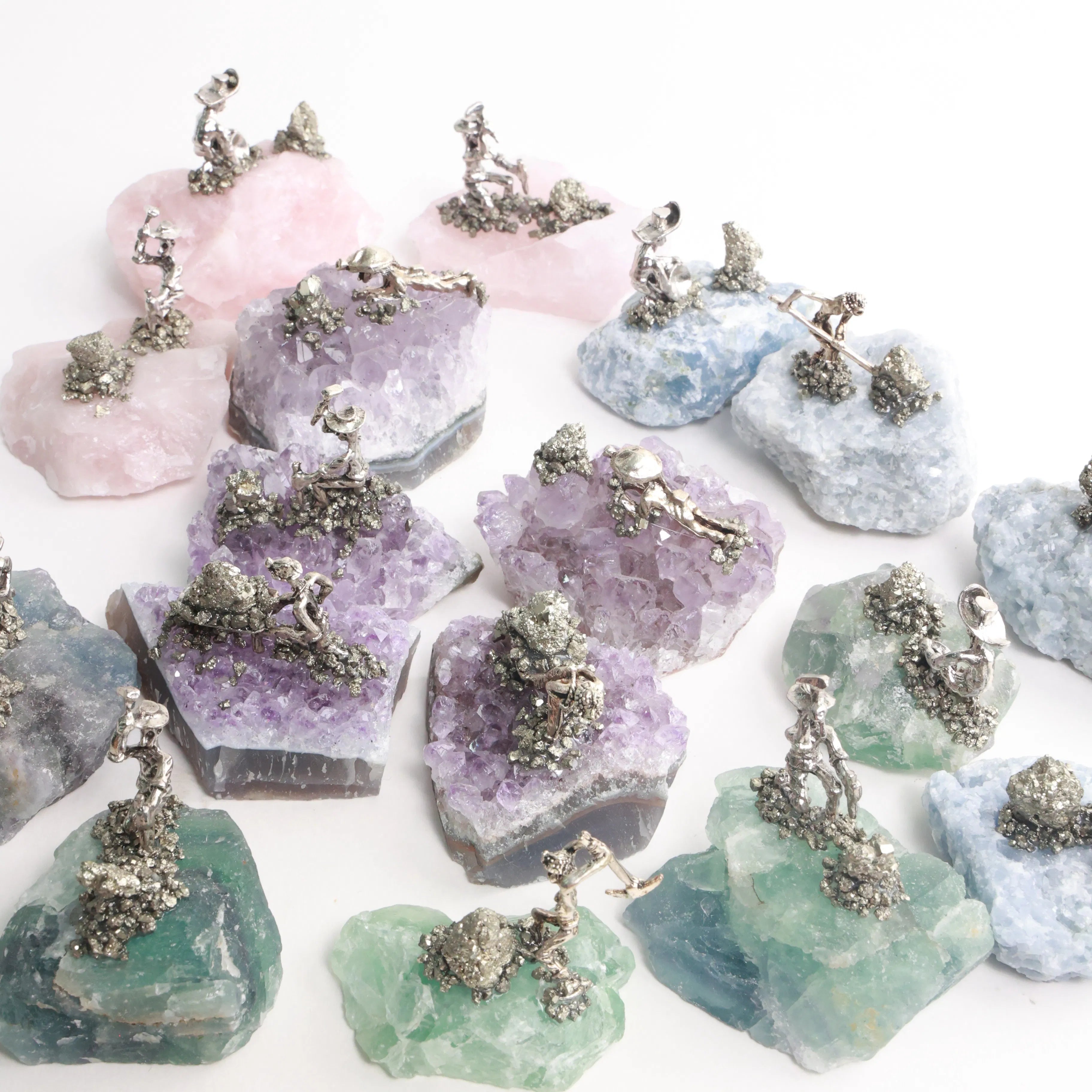 Pyrite Miners on Crystal — Fluorite, Amethyst, Blue Calcite & Rose Quartz