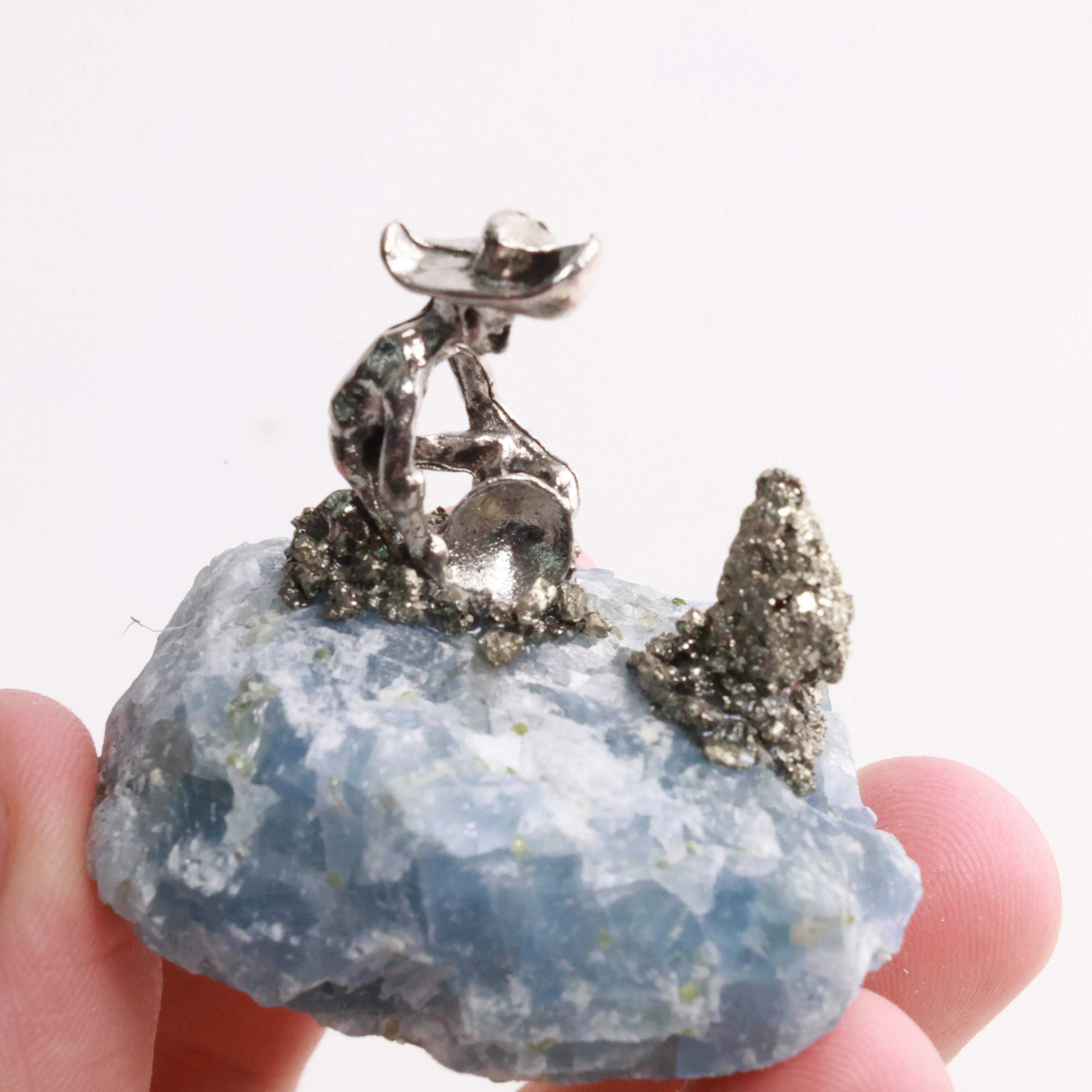 Pyrite Miners on Crystal — Fluorite, Amethyst, Blue Calcite & Rose Quartz