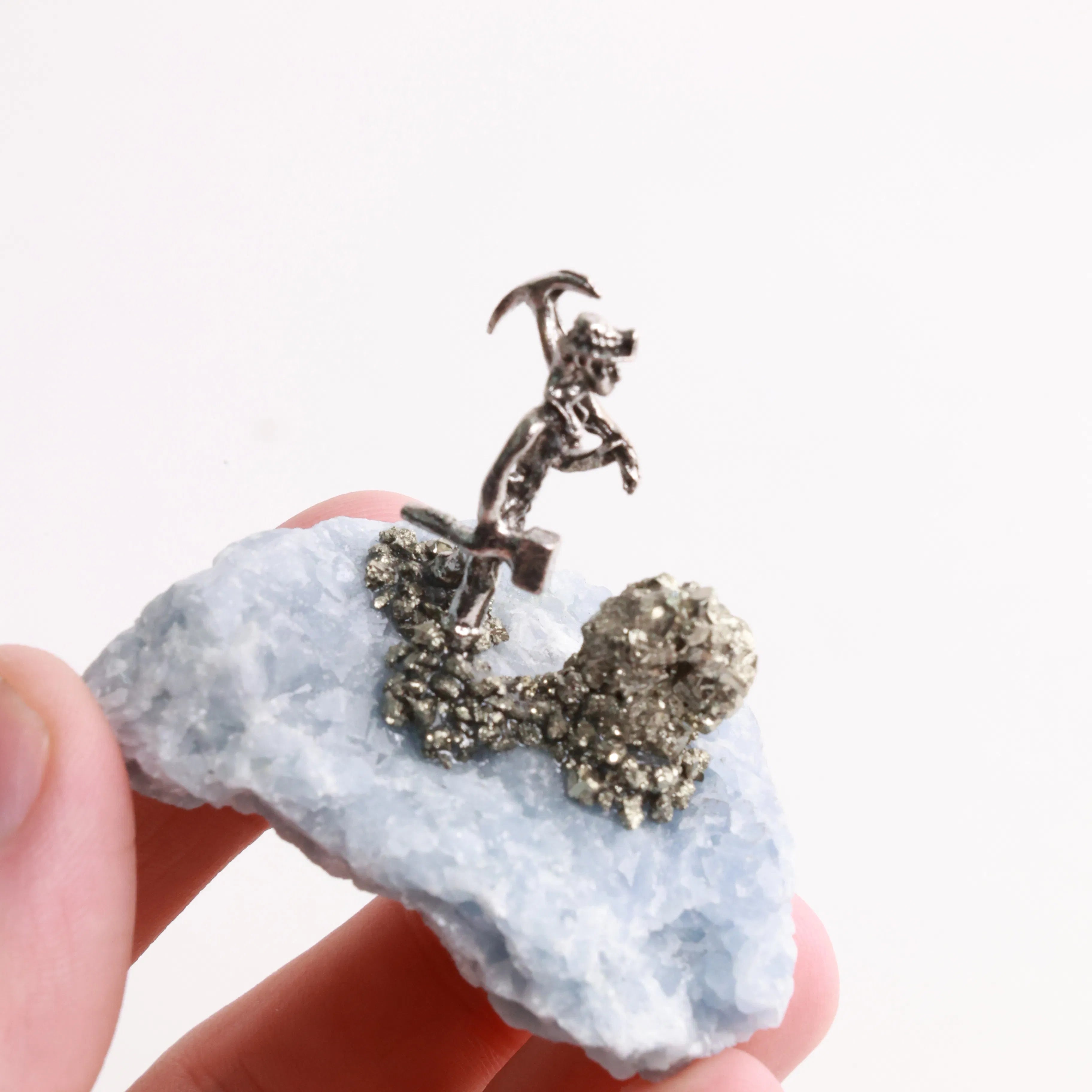 Pyrite Miners on Crystal — Fluorite, Amethyst, Blue Calcite & Rose Quartz