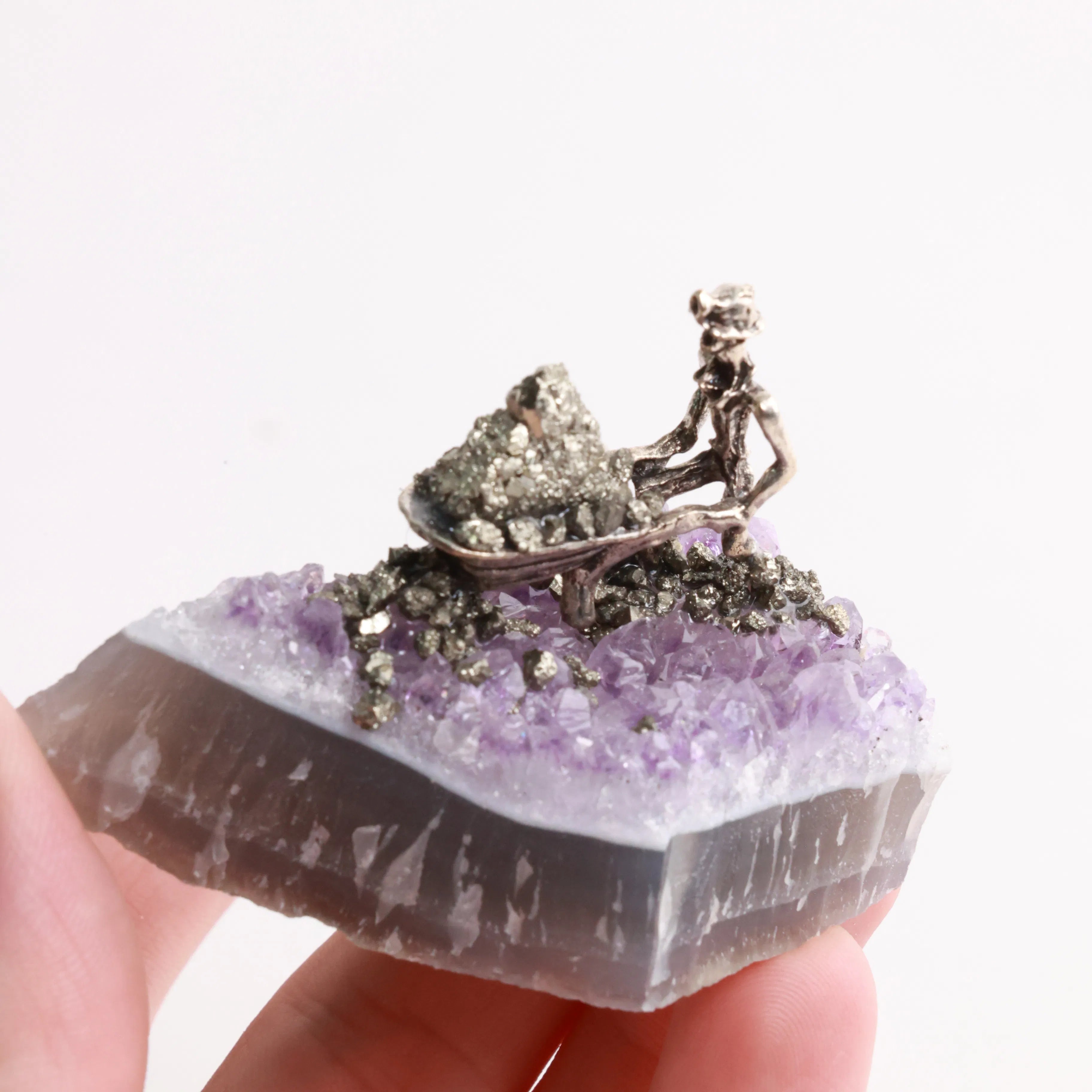 Pyrite Miners on Crystal — Fluorite, Amethyst, Blue Calcite & Rose Quartz