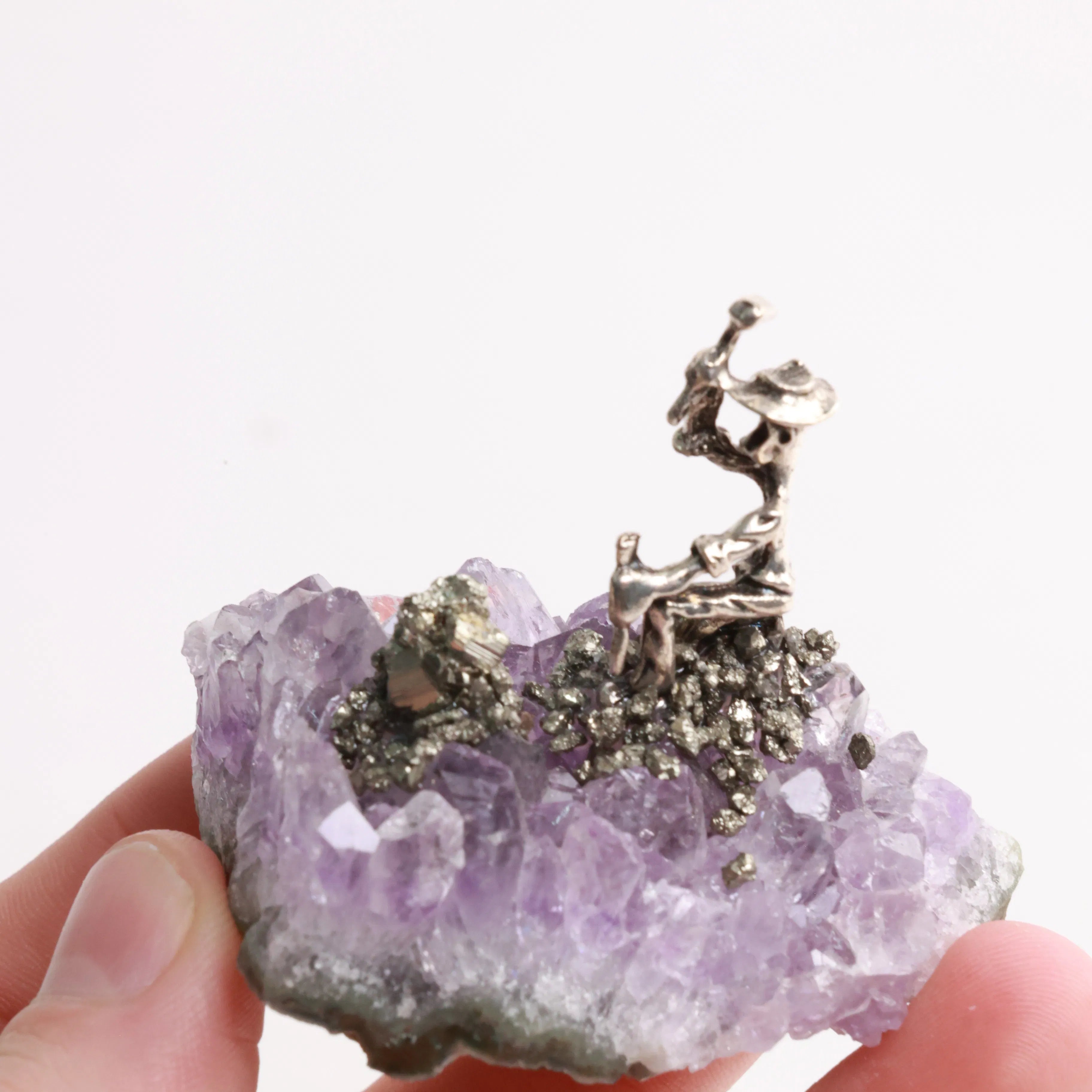 Pyrite Miners on Crystal — Fluorite, Amethyst, Blue Calcite & Rose Quartz
