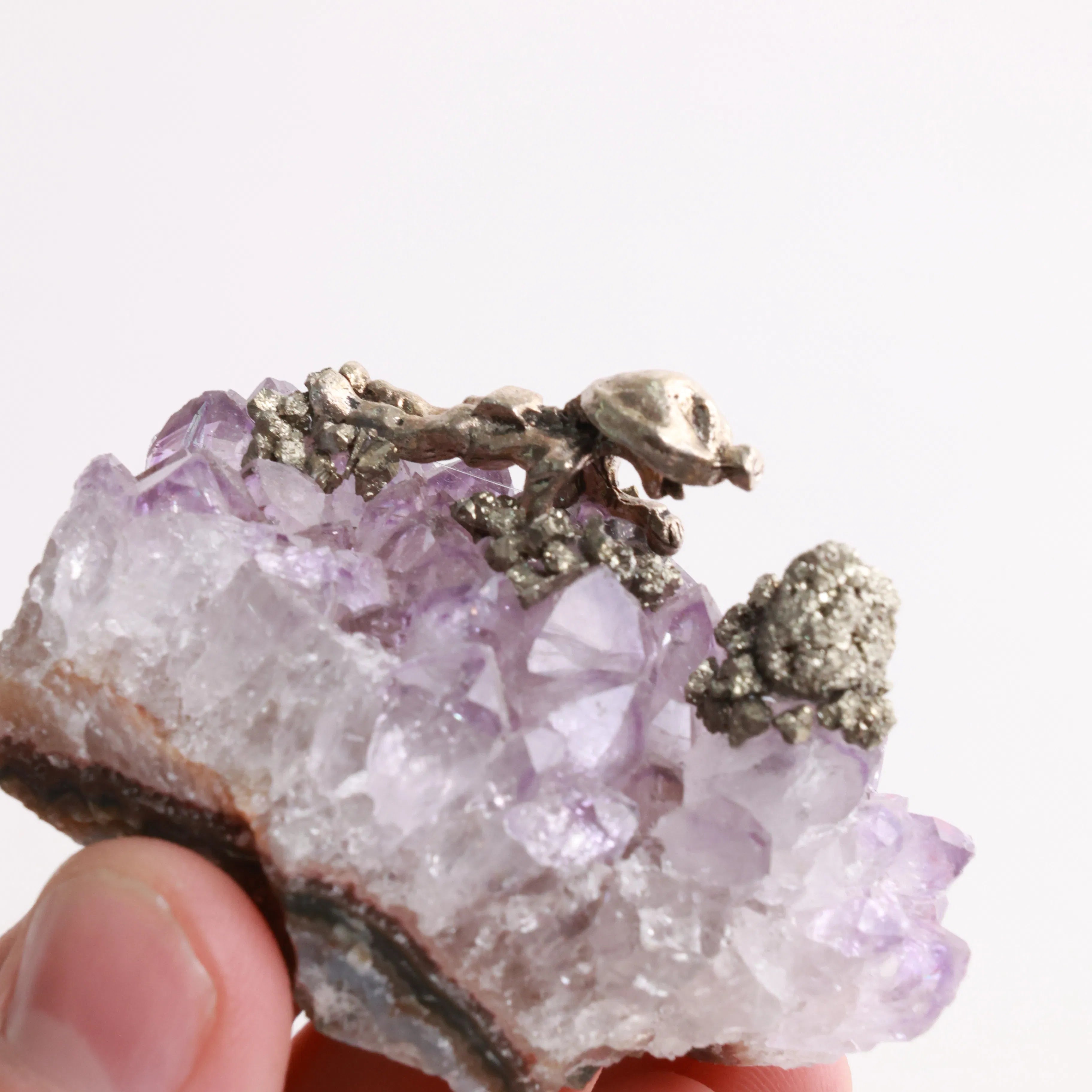 Pyrite Miners on Crystal — Fluorite, Amethyst, Blue Calcite & Rose Quartz