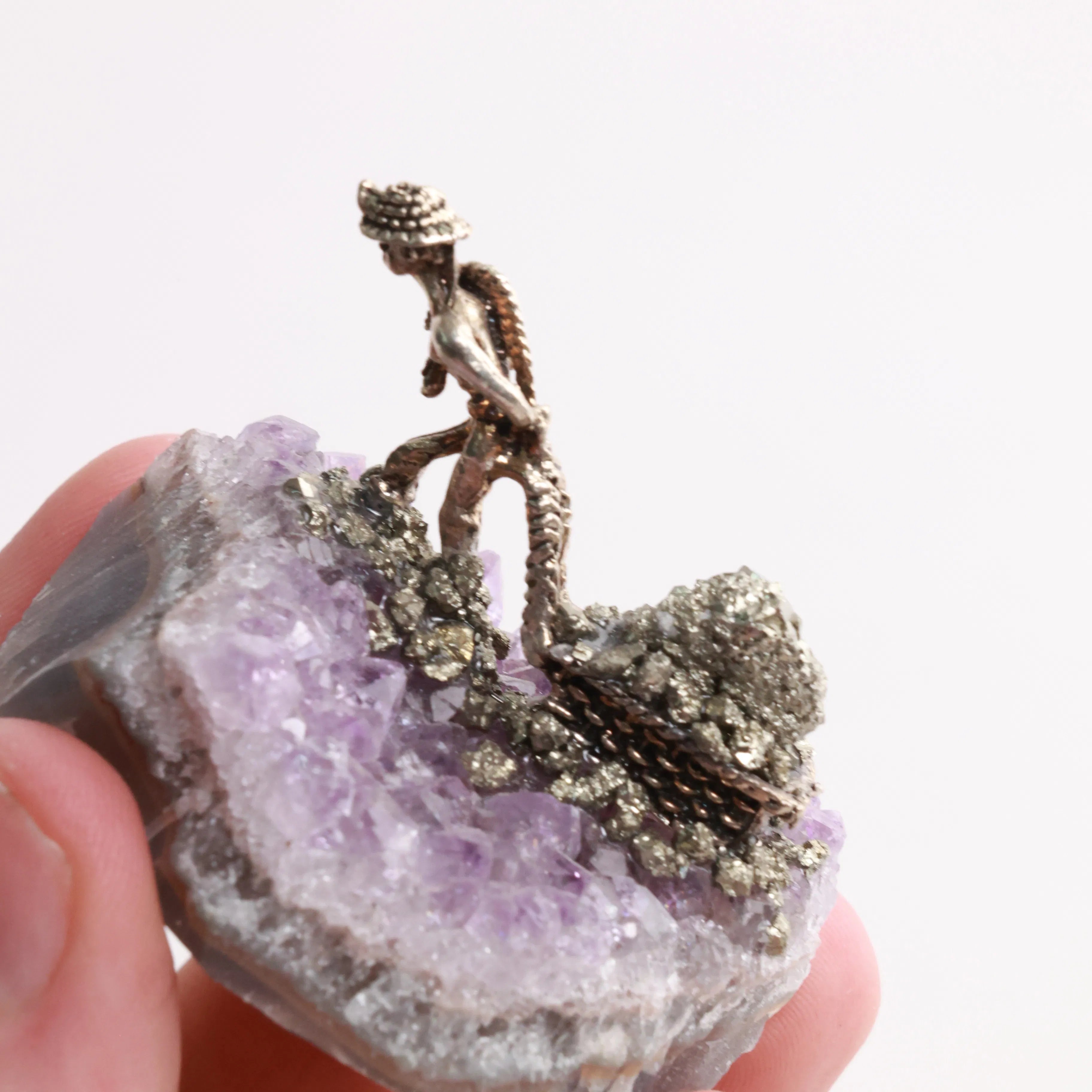 Pyrite Miners on Crystal — Fluorite, Amethyst, Blue Calcite & Rose Quartz