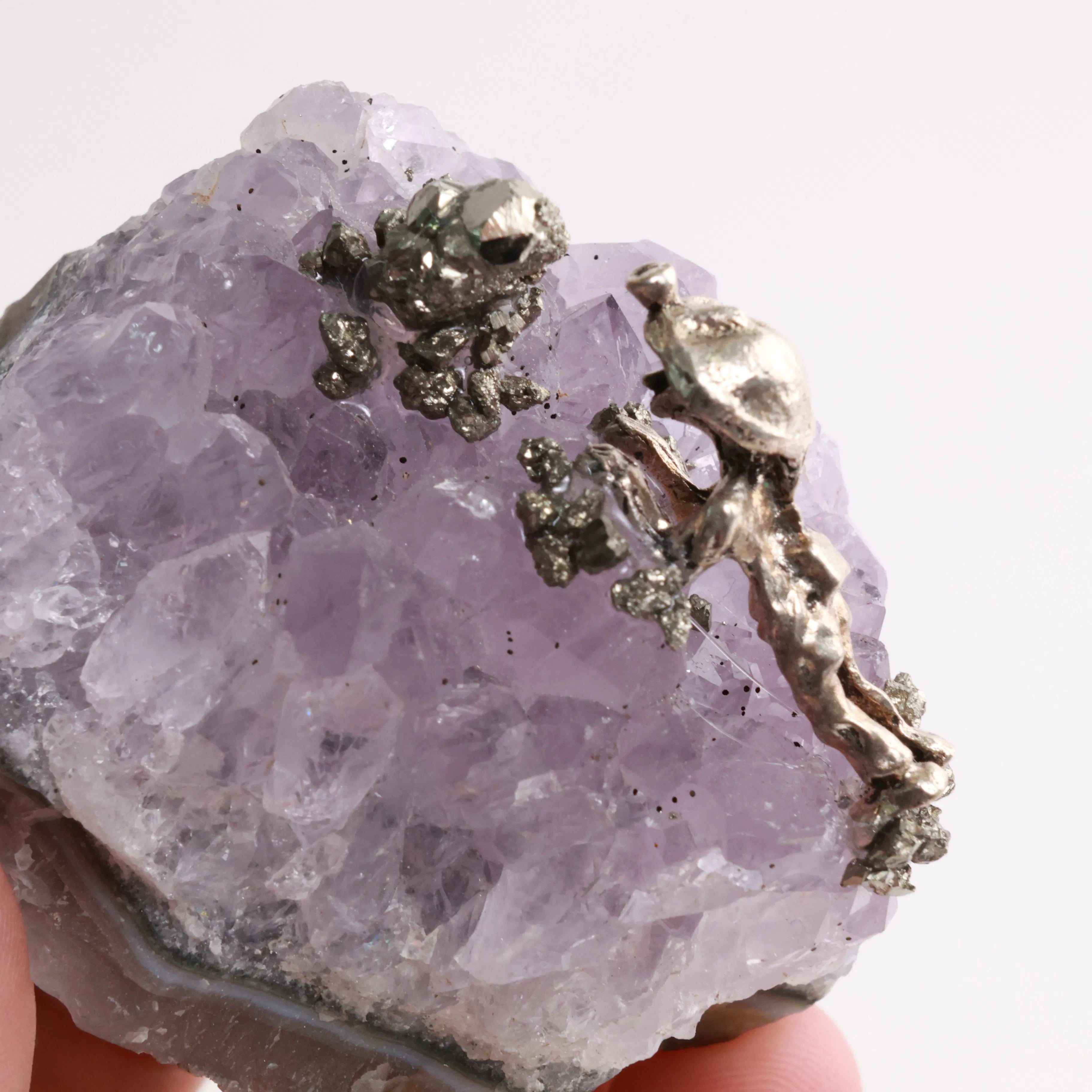 Pyrite Miners on Crystal — Fluorite, Amethyst, Blue Calcite & Rose Quartz