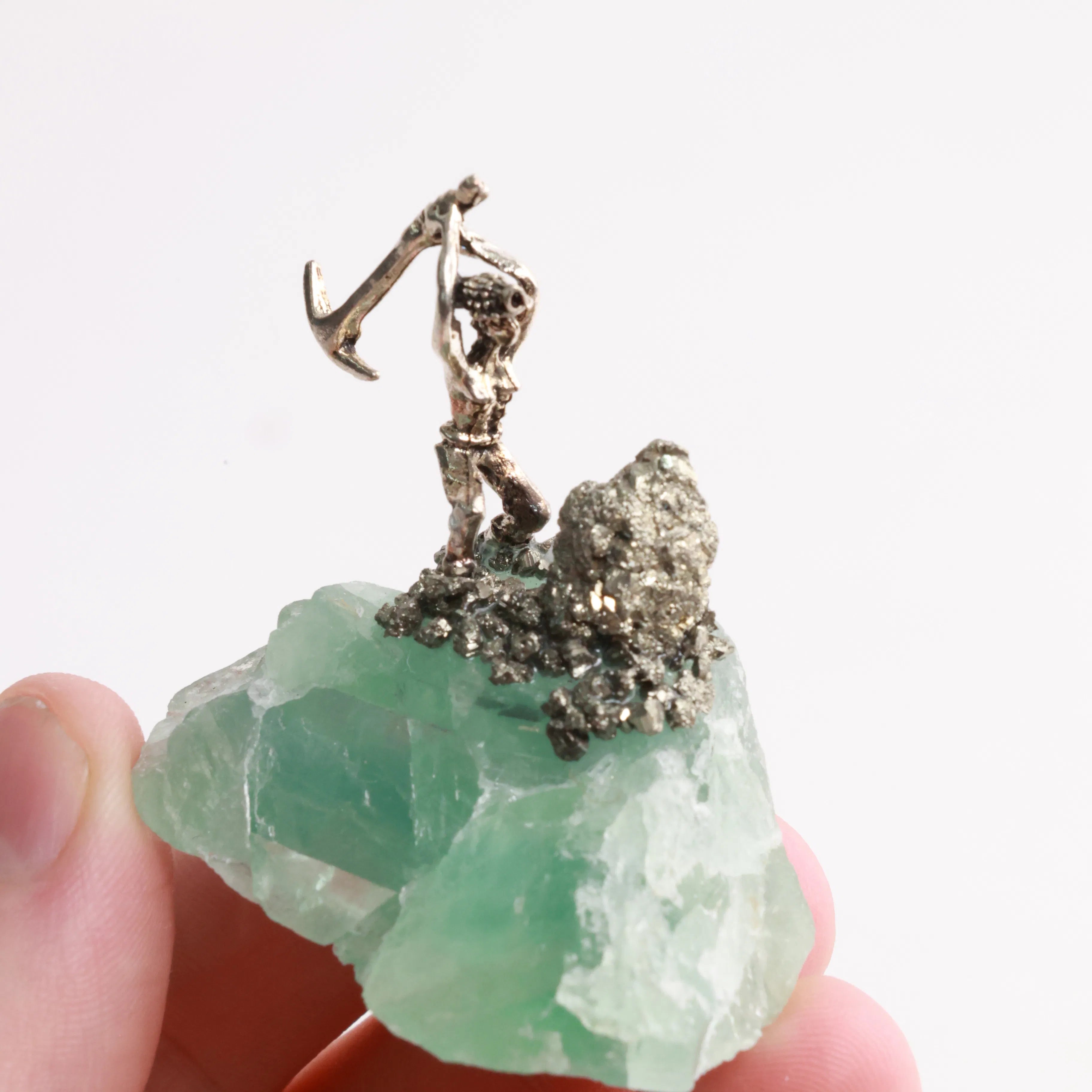 Pyrite Miners on Crystal — Fluorite, Amethyst, Blue Calcite & Rose Quartz