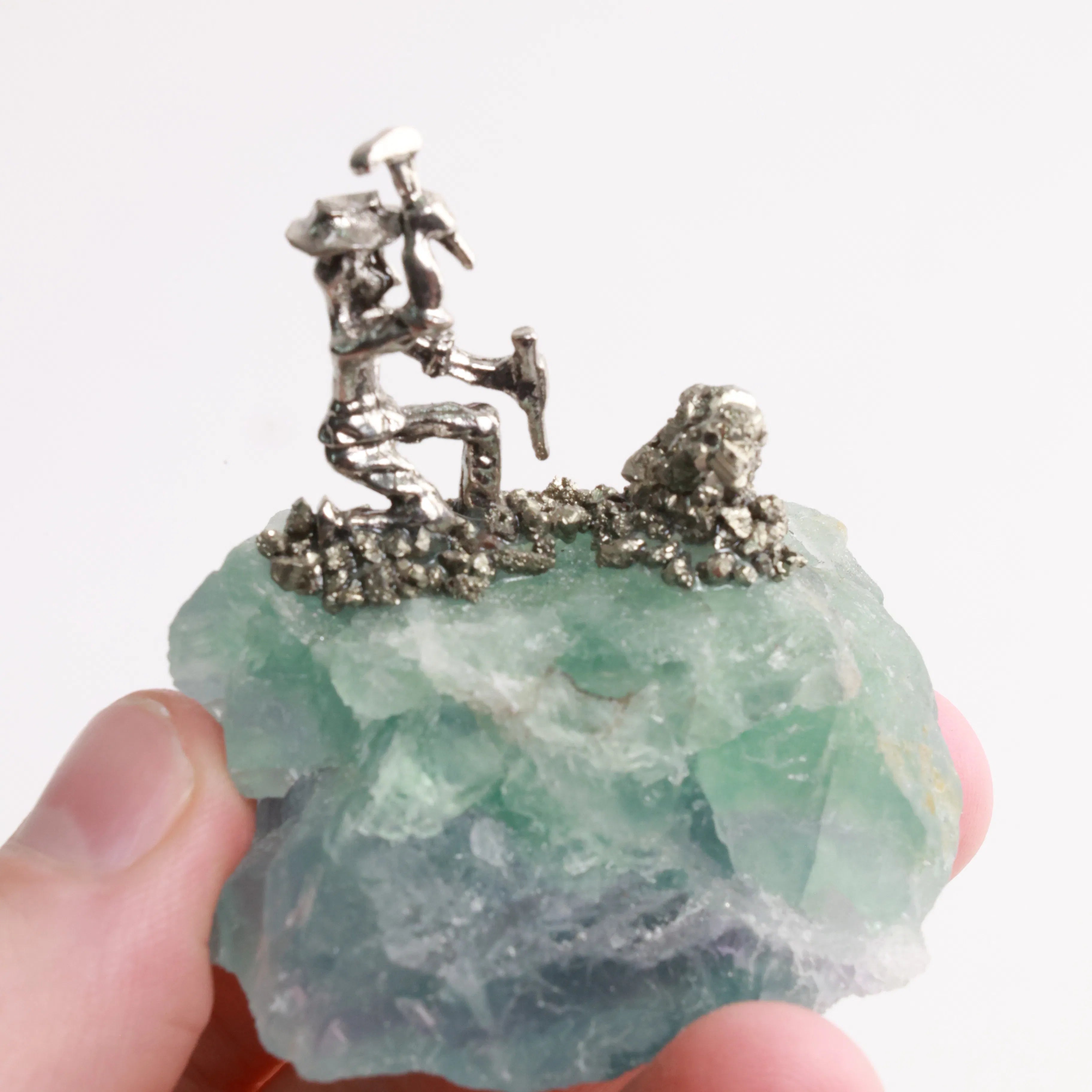 Pyrite Miners on Crystal — Fluorite, Amethyst, Blue Calcite & Rose Quartz