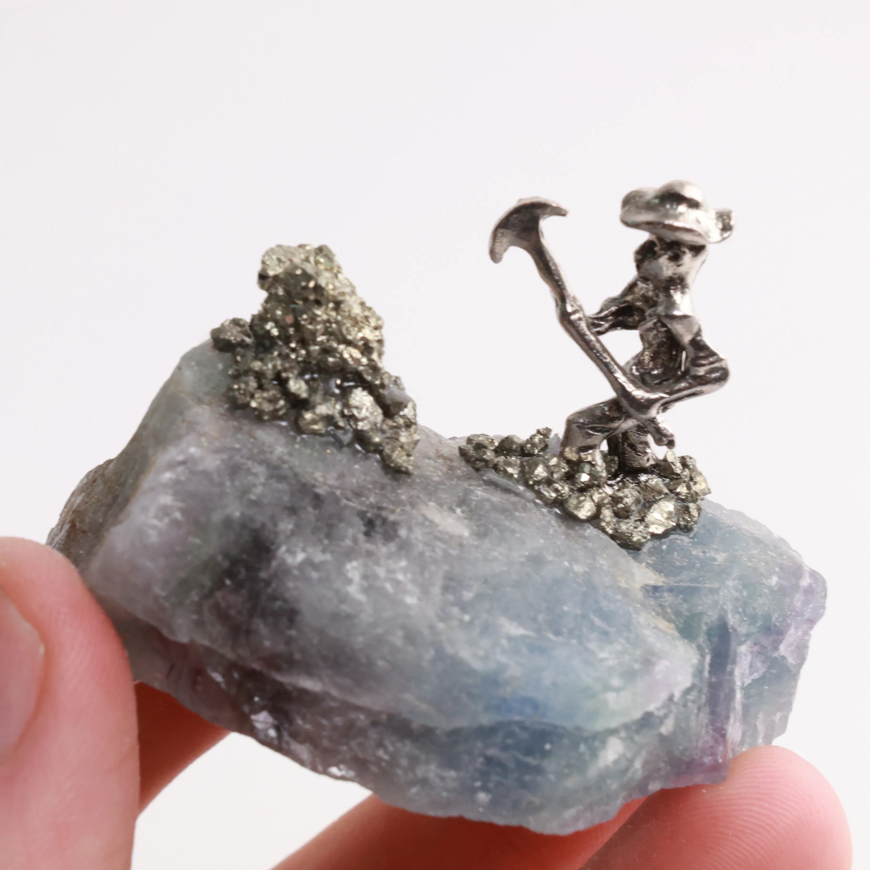 Pyrite Miners on Crystal — Fluorite, Amethyst, Blue Calcite & Rose Quartz