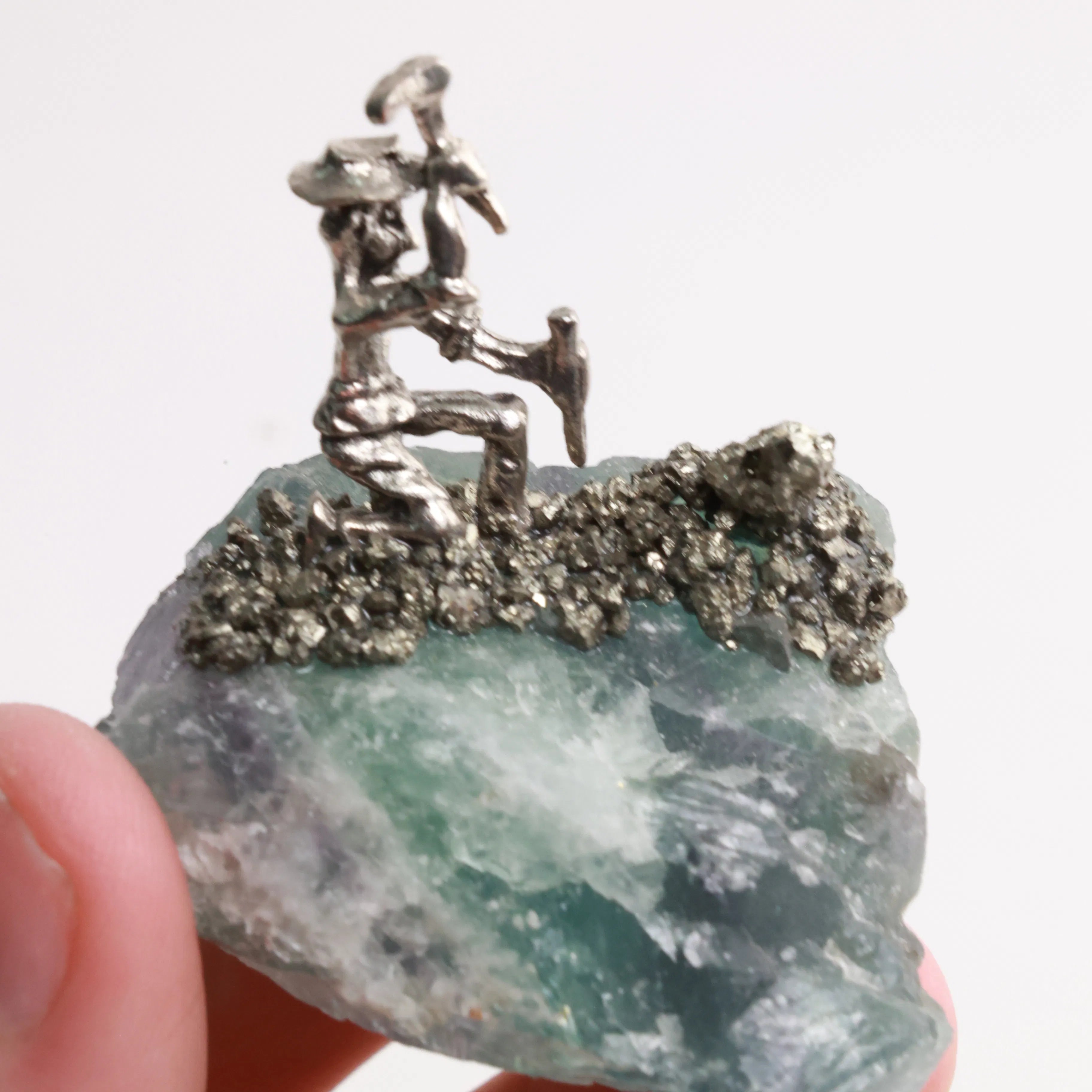 Pyrite Miners on Crystal — Fluorite, Amethyst, Blue Calcite & Rose Quartz
