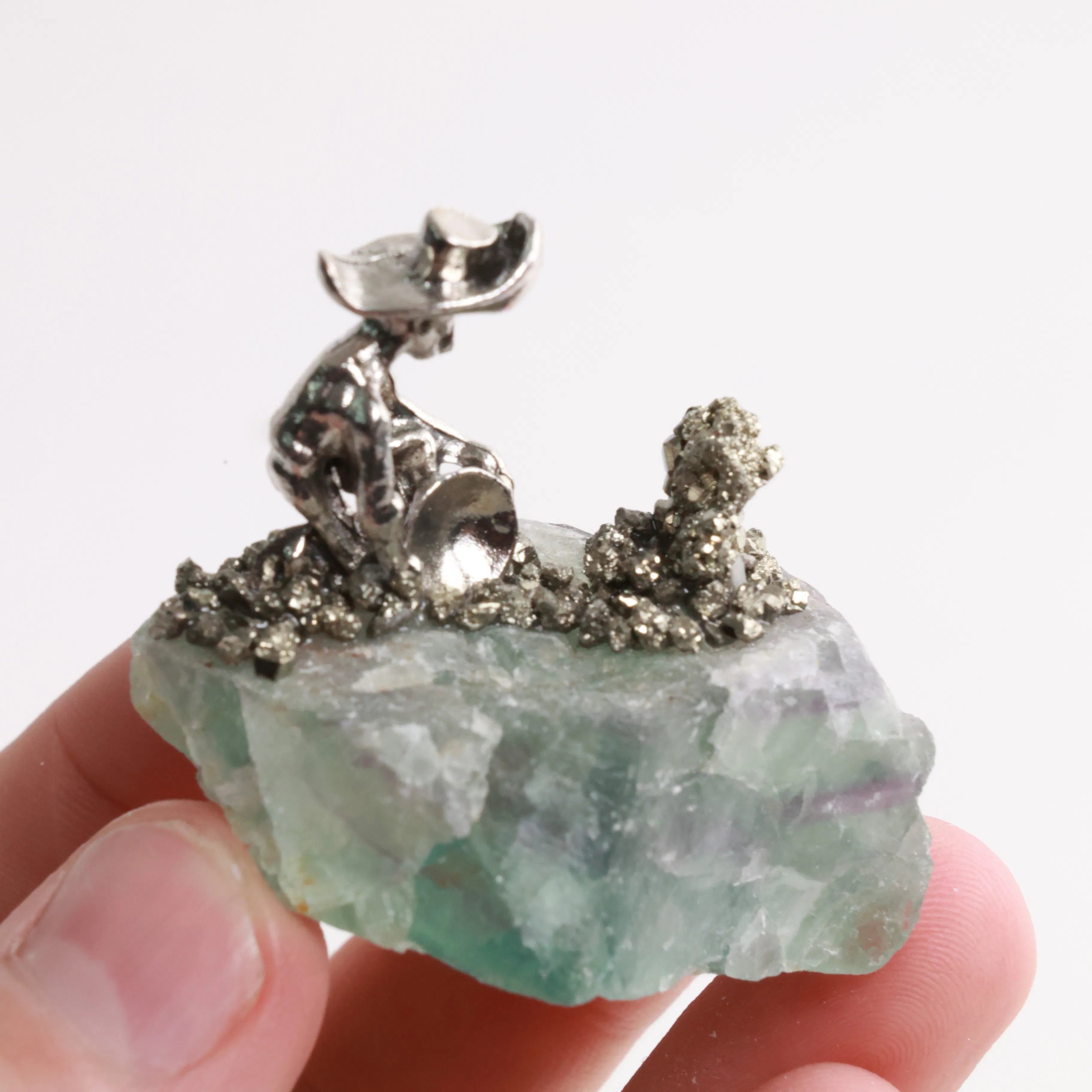 Pyrite Miners on Crystal — Fluorite, Amethyst, Blue Calcite & Rose Quartz